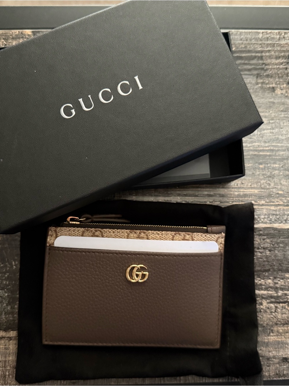Gucci Brown and Beige GG Leather Card Holder with Gold Logo